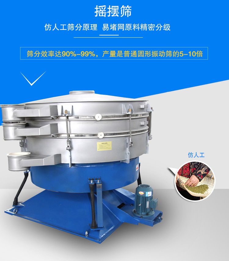 搖擺篩適合精細(xì)和超細(xì)范圍的粉末和微粒狀物料，產(chǎn)量大、精度高